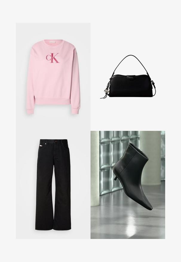 Pink sweatshirt med rund halsudskæring, lange ærmer og et frontlogo med teksten "Calvin Klein" og "cK" i kontrasterende farver.; Sorte breddebenede jeans lavet af bomuld. Har forlommer, en knaplukning og en klassisk denimtekstur. Minimalistisk design uden mønstre.; Sort læderankelstøvle med spids tå og lav kitten-hæ, vist vinklet mod en poleret gulv- og glasblokvæg.; Sort rektangulær Calvin Klein håndtaske med enkelt toprem, sølvlogo vedhæng og lille klaplukning foran.