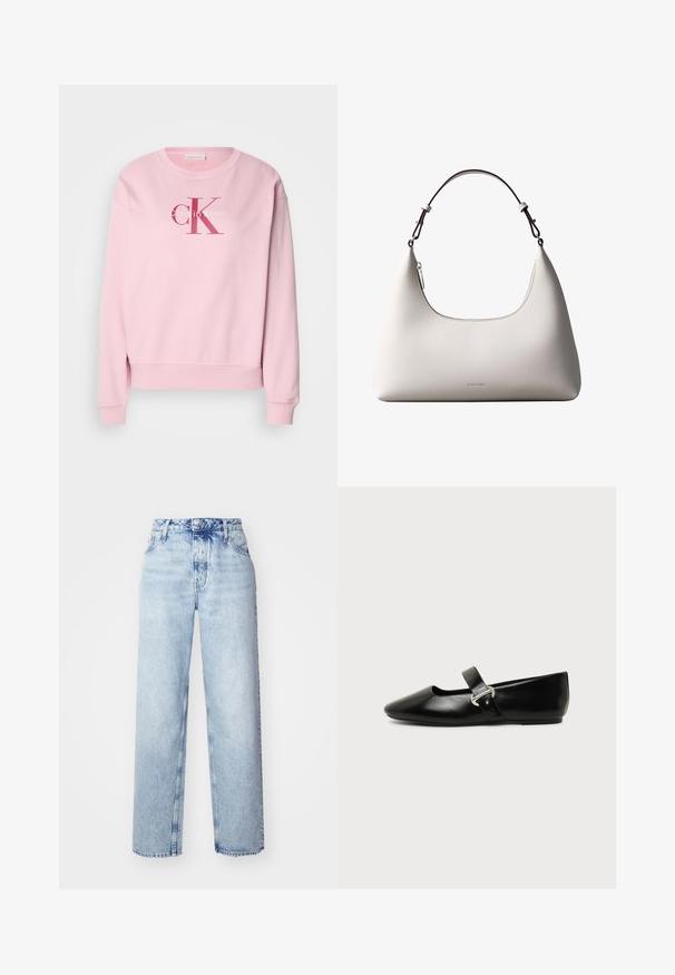 Pink sweatshirt med rund halsudskæring, lange ærmer og et frontlogo med teksten "Calvin Klein" og "cK" i kontrasterende farver.; Lyseblå højtaljede jeans med løs pasform, der har lige ben, fem lommer og en klassisk knap- og lynlåslukning.; Sort læder Mary Jane-flad sko med rundet tå og sølvspænde på ensfarvet baggrund.; Cremefarvet skuldertaske i læder fra Calvin Klein med buet topkant, sølvfarvet lynlås og mørkebrun justerbar rem.