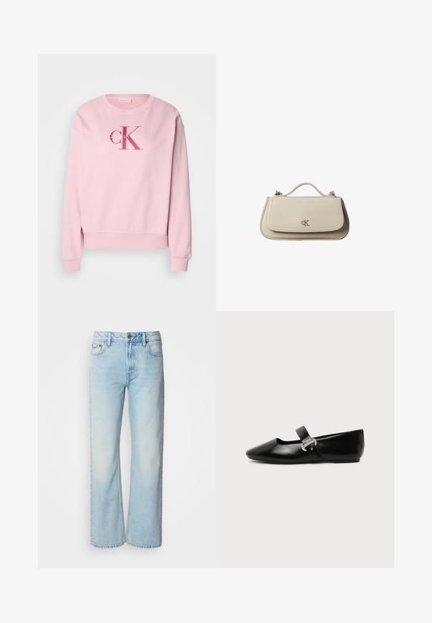 Rosa Sweatshirt mit runder Ausschnitt, langen Ärmeln und einem Frontlogo mit dem Text "Calvin Klein" und "cK" in kontrastierenden Farben.; Helle blaue weit geschnittene Jeans aus Denim, mit einem klassischen Fünf-Taschen-Design und einer dezenten, gewaschenen Textur. Die Denim-Nähte sind sichtbar.; Schwarzer Ledermary-Jane-Flachschuh mit abgerundetem Zehenbereich und silberner Schnalle auf einfachem Hintergrund.; Kleine beigefarbene Lederhandtasche mit oberem Griff und silbernem CK-Logo auf der Frontklappe, vor weißem Hintergrund dargestellt.