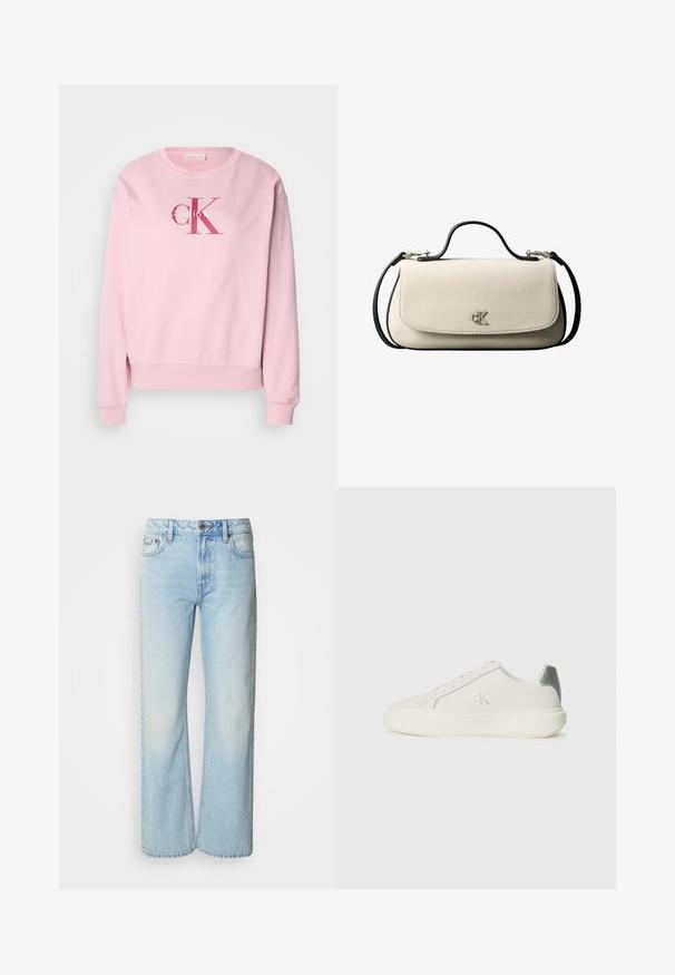 Pink sweatshirt med rund halsudskæring, lange ærmer og et frontlogo med teksten "Calvin Klein" og "cK" i kontrasterende farver.; Lyseblå brede jeans lavet af denim med et klassisk fem-lomme design og en subtil falmet tekstur. Denim-syninger er synlige.; Hvide sneakers lavet af læder med en glat tekstur, forsynet med en sølvaccent på hælen, flad sål og minimalistisk design.; Cremefarvet rektangulær håndtaske med sort rem og håndtag, foran klaplukning samt lille sølvfarvet "cK" logo midt foran.