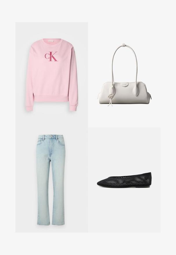 Rosa Sweatshirt mit runder Ausschnitt, langen Ärmeln und einem Frontlogo mit dem Text "Calvin Klein" und "cK" in kontrastierenden Farben.; Hellblaue Jeans mit hoher Taille und geradem Bein, vorne mit Knopf, Gürtelschlaufen und klassischem Fünf-Taschen-Design auf einfarbigem Hintergrund.; Schwarzer Mesh-Flachschuh mit geschlossener Spitze und niedrigem Absatz, mit atmungsaktivem gewebtem Design und dezentem seitlichem Logo.; Weiße Calvin Klein Schultertasche mit langen Griffen, rechteckiger Form, Reißverschluss und dekorativem Logo-Anhänger, der in der Nähe des Griffs hängt.
