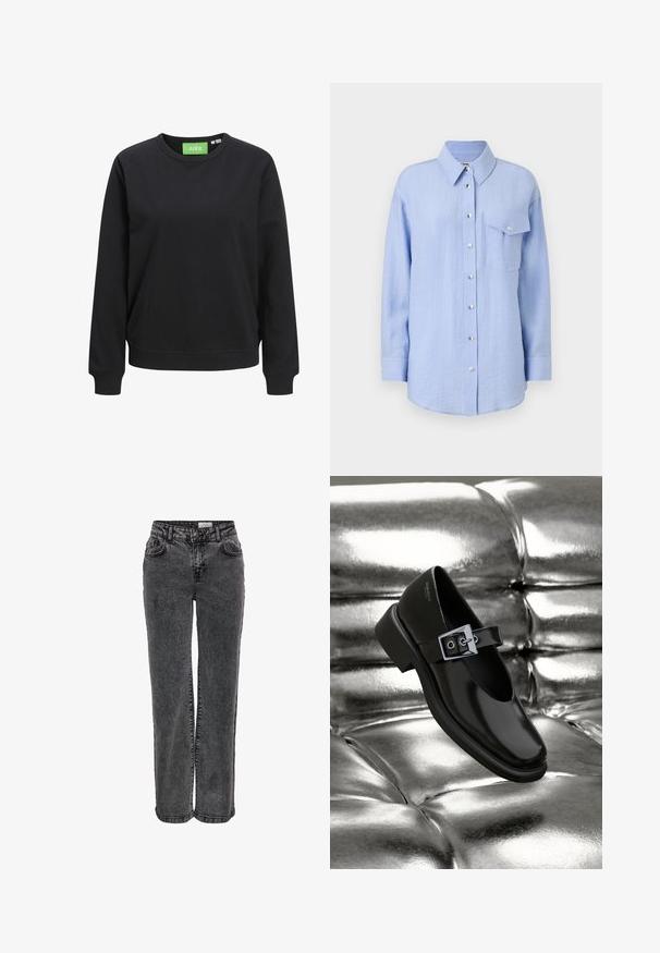Musta crewneck huppari, valmistettu puuvillasta. Siinä on ribbireunat hihansuissa ja helmassa, ja kauluksessa on vihreä tag-lappu, jossa lukee "JJXX".; Vaaleansininen nappikauluspaita, joka on valmistettu teksturoidusta kankaasta. Paidassa on kaulus, rintatasku ja metalliset napit edessä.; Mustat farkut suoran lahkeen designilla, joissa on etutaskut, vyölenkit ja hienovarainen haalistunut pinta.; Musta nahkainen Mary Jane -kenkä neliömäisellä kärjellä, hopealla soljella ja paksulla alhaisella korolla, sijoitettu kiiltävän hopean taustalle.