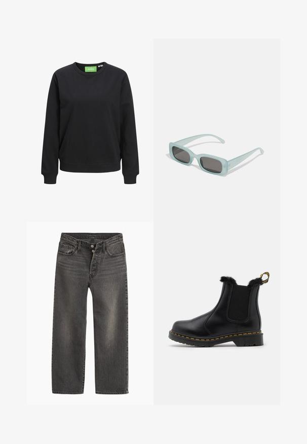 Zwarte crewneck sweatshirt van katoen. Voorzien van ribgebreide manchetten en zoom, met een groen label met de tekst "JJXX" bij de hals.; Zwarte denim jeans met een rechte pijp, hoge taille en knoopsluiting. Voorzien van subtiele vervaging en contrasterende stiksels.; Zwarte leren enkelboots met textuur in de elastische zijpanelen, een bontafwerking aan de bovenkant, gele stiksels en een stevige rubberen zool.; Een paar rechthoekige zonnebrillen met lichtblauwe doorzichtige monturen en donkergrijze glazen, met rechte pootjes en minimale hardwaredetails.