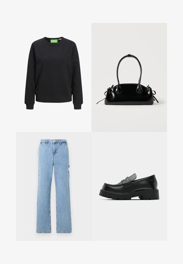 Zwarte crewneck sweatshirt van katoen. Voorzien van ribgebreide manchetten en zoom, met een groen label met de tekst "JJXX" bij de hals.; Lichtblauwe denim cargo broek met een recht model, voorzien van zijzakken en contrasterende stiksels. Klassiek five-pocket ontwerp.; Zwarte leren instappers met een chunky, gestructureerde zool, voorzien van een band over de voet en een gladde, gepolijste afwerking.; Kleine zwarte glanzende handtas met twee lange hengsels en zijkant trekkoord details op een effen lichte achtergrond.