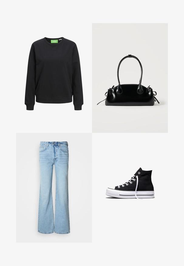 Mustast puuvillast crewneck-sviitrist. Omad ribakäised ja alumine äär, kaeluses on roheline sildike "JJXX".; Helehallid teksad lehviva säärega, valmistatud denimist, ees pandlaga sulgemine, viis taskut ja õrn pleekimine.; Mustad kõrge säärega lõuendist toss valge kummist tallaga ja valgete paeltega, näidatud küljelt valgel taustal.; Väike must läikiv käekott kahe pika sangaga ja külgedel paelakinnitustega, ühel lihtsal helel taustal.