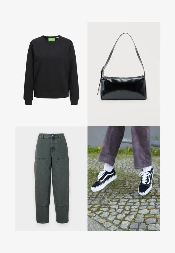 Sort crewneck sweatshirt lavet af bomuld. Har ribbestrikkede mansjetter og søm, med et grønt mærke der viser "JJXX" ved halsen.; Mørkeblå denimbukser med en afslappet pasform, der har sidelommer og kontrastsyninger. Stoffet har en let falmet tekstur.; Sorte ruskinds sneakers med hvide accenter, med rund tå, tyk hvid sål og klassisk snørebåndsdesign, båret med hvide sokker og lilla bukser.; Sort rektangulær skuldertaske med en enkelt justerbar rem og lynlås i toppen på en ensfarvet baggrund.