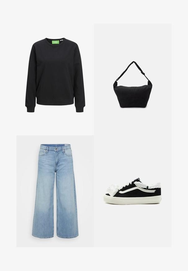 Zwarte crewneck sweatshirt van katoen. Voorzien van ribgebreide manchetten en zoom, met een groen label met de tekst "JJXX" bij de hals.; GAP Petite BAGGY DYLAN - Flared Jeans - light indigo; Zwarte lage sneaker met witte zool, witte streep aan de zijkant en decoratieve witte geplooide stof langs de tong en de enkelkraag.; Zwarte stoffen schoudertas met een zachte, gestructureerde oppervlakte, ronde vorm en een enkele strap. Minimalistisch ontwerp zonder zichtbare hardware of accenten.