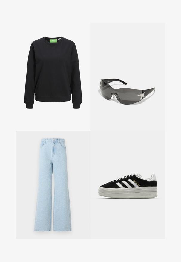 Schwarzer Rundhalsausschnitt-Sweatshirt aus Baumwolle. Mit gerippten Bündchen und Saum, versehen mit einem grünen Etikett mit der Aufschrift "JJXX" am Kragen.; Hellblaue Jeans mit weitem Bein und hoher Taille, ausgestattet mit einem Knopfverschluss, fünf Taschen und dezentem, ausgewaschenem Muster.; Schwarze Wildleder-Sneaker mit weißen Lederakzenten, drei weißen Streifen, flachen Schnürsenkeln und einer dicken grauen Plateausohle. Goldenes "Gazelle"-Branding.; Schwarze Sonnenbrille mit wrap-around Design, dunkel getönten Gläsern, glänzenden, sternförmigen Akzenten und verstellbaren Nasenpads.