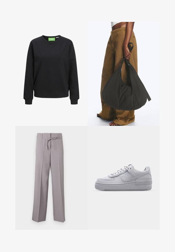 Sudadera negra de cuello redondo hecha de algodón. Presenta puños y dobladillo acanalados, con una etiqueta verde que muestra "JJXX" en el cuello.; Pantalones de pierna ancha en gris claro, con una textura suave, que presentan una cinturilla con cordón y pliegues marcados para un ajuste estructurado.; Zapatilla Nike Air Force 1 gris con puntera perforada, parte superior de cuero suave, suela gruesa y detalle en relieve 'AIR' en el talón.; Persona con pantalones marrones de pata ancha y top blanco sosteniendo un gran bolso negro blando por la correa a su lado.