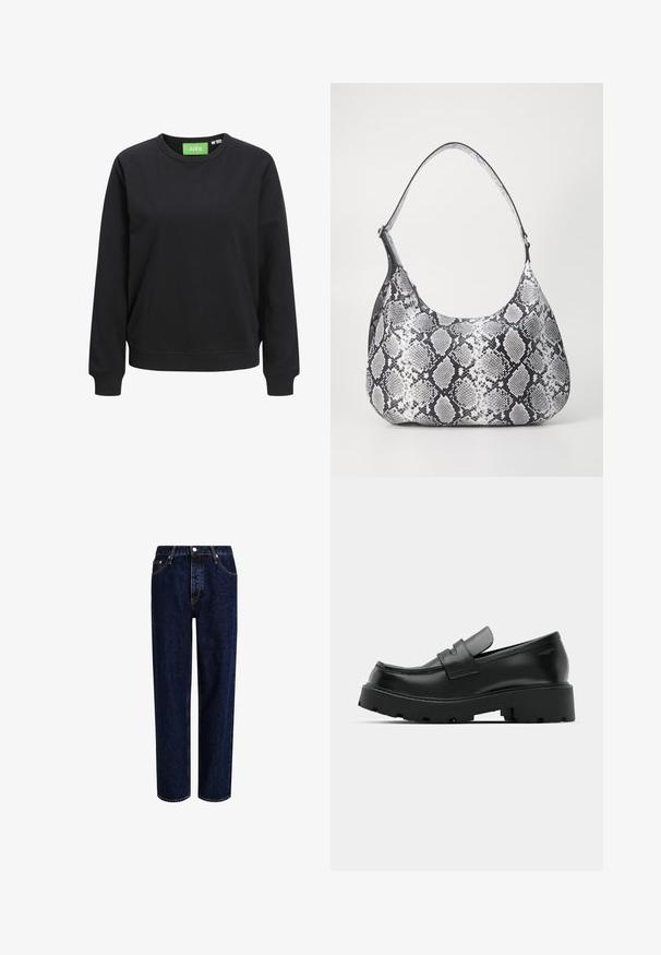 Schwarzer Rundhalsausschnitt-Sweatshirt aus Baumwolle. Mit gerippten Bündchen und Saum, versehen mit einem grünen Etikett mit der Aufschrift "JJXX" am Kragen.; Dunkelblaue Denim-Jeans mit geradem Bein, hoher Taille, fünf Taschen und kontrastierenden Nähten. Ohne Verzierungen.; Schwarze Leder-Loafers mit einer chunky strukturierten Sohle, ausgestattet mit einem Riemen über dem Spann und einer glatten, polierten Oberfläche.; Schultertasche im schwarz-weißen Schlangenprint mit runder Form, glatter Textur und gebogenem Tragegurt. Mit einem silbernen Hardware-Akzent.