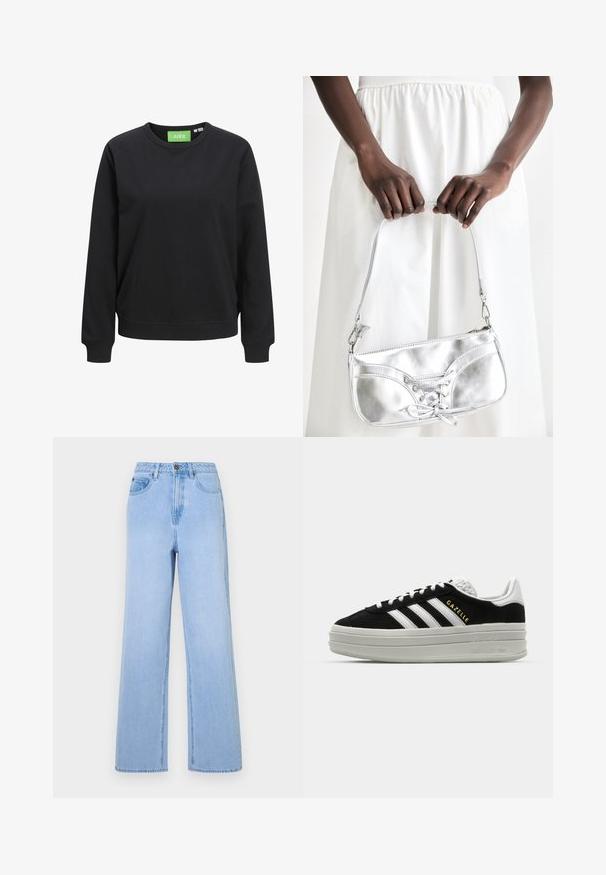 Sudadera negra de cuello redondo hecha de algodón. Presenta puños y dobladillo acanalados, con una etiqueta verde que muestra "JJXX" en el cuello.; Jeans de tiro alto en azul claro con un diseño de pierna ancha, hechos de mezclilla. Presentan costuras prominentes y un estilo de cinco bolsillos.; Zapatillas negras de ante con detalles en cuero blanco, tres rayas blancas, cordones planos y una gruesa suela de plataforma gris. Marca "Gazelle" en dorado.; Bolso metálico plateado con detalle de cordones, que presenta un diseño elegante y una correa corta. El bolso está sostenido con las manos, mostrando su textura.