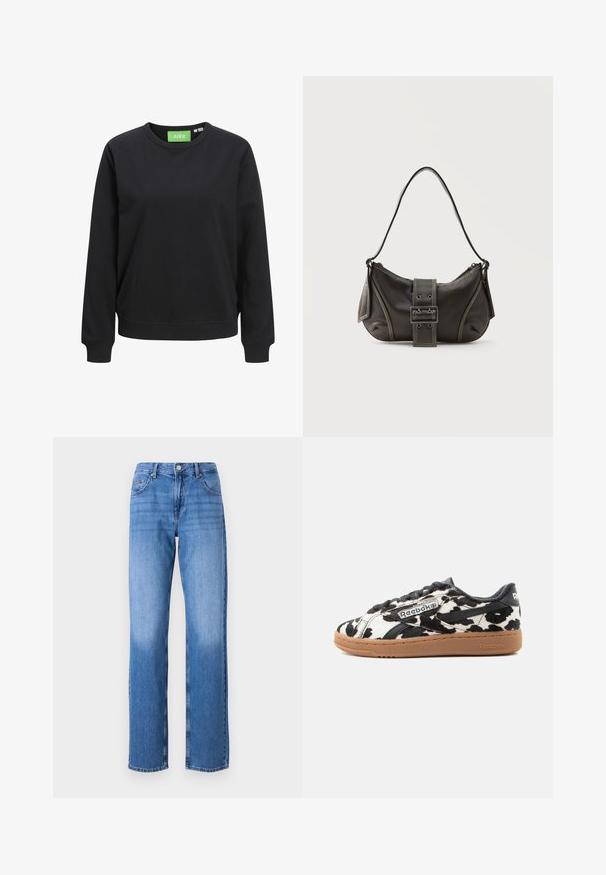 Zwarte crewneck sweatshirt van katoen. Voorzien van ribgebreide manchetten en zoom, met een groen label met de tekst "JJXX" bij de hals.; Lichtblauwe spijkerbroek met een hoge taille, rechte pijpen en vervaagde plekken. Voorzien van standaard voorkantzakken en een knoopsluiting.; Low-top Reebok sneaker met zwart-wit koeienprint bovenwerk, zwarte accenten en een rubberen zool tegen een effen witte achtergrond.; Zwarte leren schoudertas met gespsluiting aan de riem, afgeronde hoeken en contrasterende witte stiksels op een effen achtergrond.