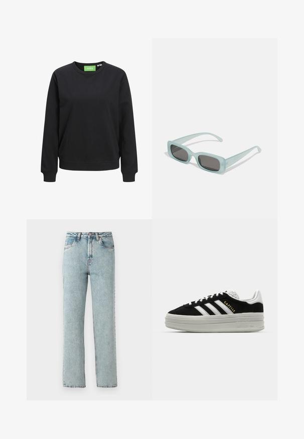 Sudadera negra de cuello redondo hecha de algodón. Presenta puños y dobladillo acanalados, con una etiqueta verde que muestra "JJXX" en el cuello.; Jeans de mezclilla azul claro con una cintura alta, corte recto y detalles de deslavado. Cuenta con cinco bolsillos y un cierre de botón en la cintura.; Zapatillas negras de ante con detalles en cuero blanco, tres rayas blancas, cordones planos y una gruesa suela de plataforma gris. Marca "Gazelle" en dorado.; Un par de gafas de sol rectangulares con montura translucida azul clara y lentes gris oscuro, que cuentan con patillas rectas y detalles de hardware mínimos.