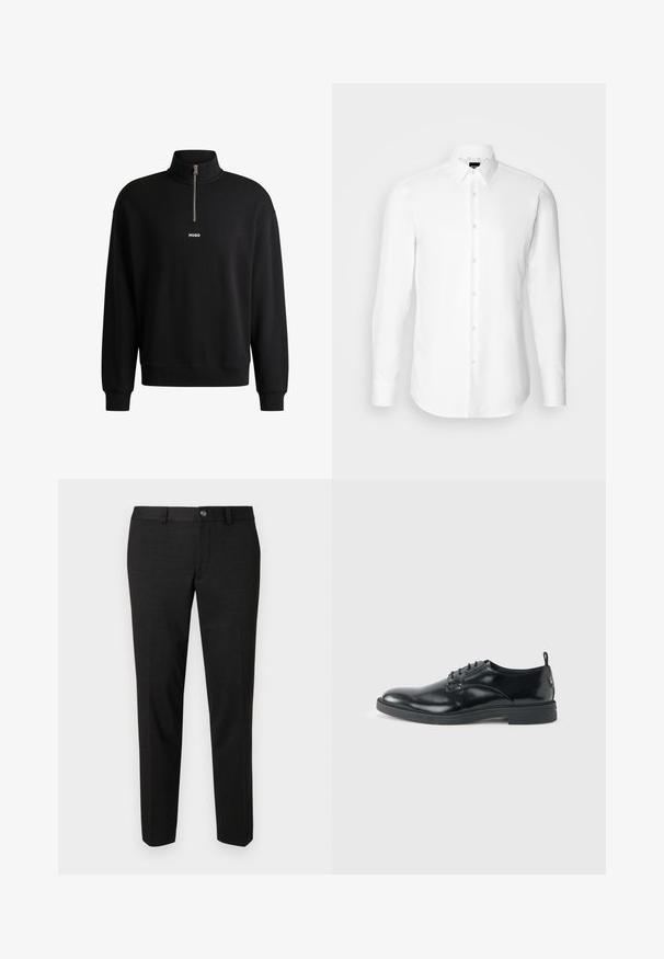 Zwarte sweatshirt met een hoge kraag, voorkant met rits en subtiele logo. Gemaakt van zacht materiaal, met ribgebreide manchetten en onderrand.; Witte blouse met lange mouwen, knoopsluiting aan de voorkant, klassieke kraag, gemaakt van gladde stof met een subtiele textuur, ontworpen voor een aansluitende pasvorm.; Zwarte broeken gemaakt van een gladde stof. Ze hebben een rechte snit, een vlakke voorkant en een knoopsluiting met een eenvoudig taillebandontwerp.; Glanzende zwarte lederen nette schoen met lage hak, vetersluiting en ronde neus, van opzij getoond tegen een effen lichte achtergrond.