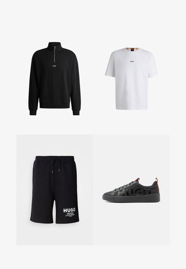 Zwarte sweatshirt met een hoge kraag, voorkant met rits en subtiele logo. Gemaakt van zacht materiaal, met ribgebreide manchetten en onderrand.; Witte katoenen T-shirt met korte mouwen, voorzien van een zwart "BOSS"-logo in het midden van de borst en een ronde halsontwerp.; Zwarte katoenen shorts met een elastische tailleband en koord. Witte "HUGO" logo op het linkerpijp. Eenvoudig ontwerp, knielange snit.; Zwarte lage sneaker met zwarte zool, zwarte veters, rode treklussen en grote zwarte "HUGO" tekst aan de zijkant.