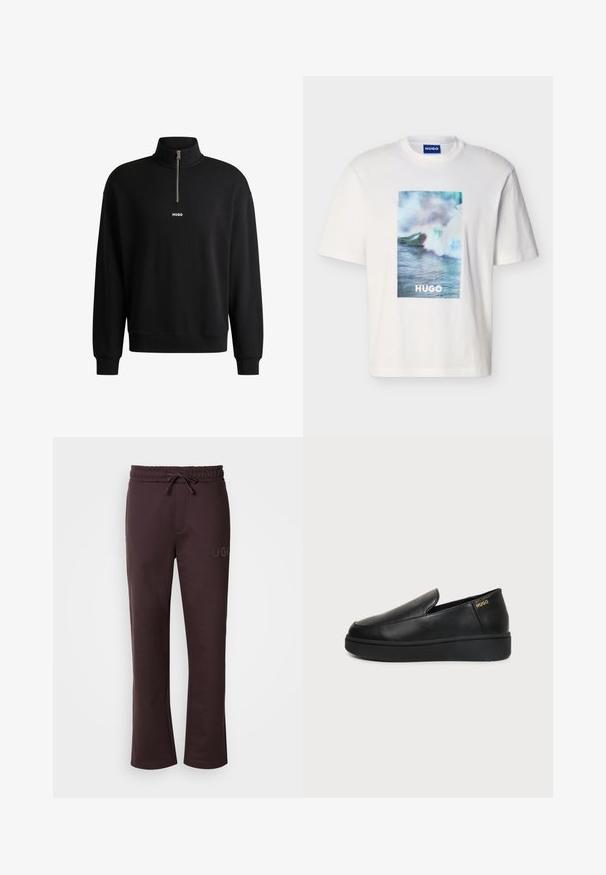 Zwarte sweatshirt met een hoge kraag, voorkant met rits en subtiele logo. Gemaakt van zacht materiaal, met ribgebreide manchetten en onderrand.; Wit T-shirt met korte mouwen met blauwe, groene en witte oceaangolfgrafiek en de tekst "HUGO" gecentreerd aan de voorkant.; Donkerbruine joggingbroek met een elastische tailleband, trekkoord, zijzakken en een "HUGO"-logo op het linkerbeen. Zachte textuur.; Zwart leren instapschoenen met dikke zool en kleine ventilatiegaatjes aan de zijkant, met het gouden "HUGO"-logo nabij de hak.
