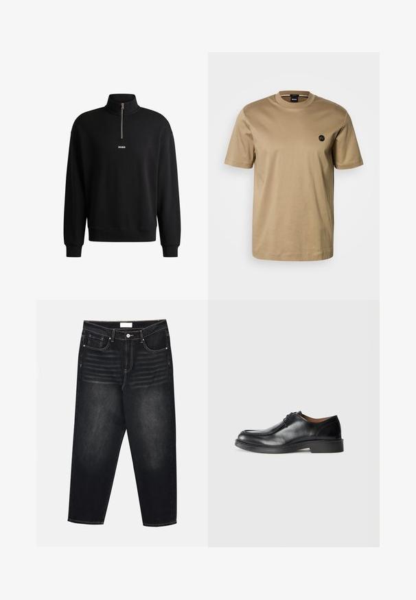 Schwarzer Pullover mit hohem Kragen, Frontreißverschluss und dezentem Logo. Aus weichem Stoff gefertigt, mit gerippten Bündchen und Saum.; Kurzes T-Shirt aus Baumwolle mit Rundhalsausschnitt und kleinem schwarzem Logo auf der linken Brust. Glatte Textur, lockere Passform.; Schwarze Jeans aus Denim mit lockerer Passform, mit verblassten vertikalen Linien, Fünf-Taschen-Design und kontrastierenden gelben Nähten.; Schwarze Leder-Dressschuhe mit abgerundetem Zehenbereich, glatter Oberfläche, Schnürdetails und einer niedrigen, strukturierten Gummisohle. Saubere Linien und minimalistisches Design.