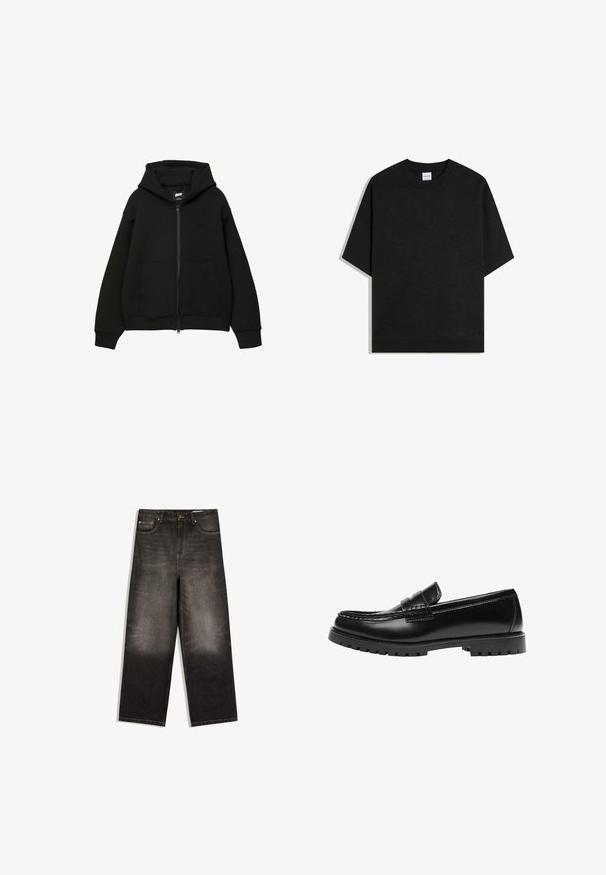 Sweat à capuche noir zippé avec capuche, deux poches avant, manches et ourlet côtelés. Fabriqué en tissu doux avec un design minimaliste et un détail de logo subtil.; T-shirt noir à manches courtes avec col rond et bord-côte au col et à l'ourlet, devant uni, présenté sur un fond blanc.; Jean noir à jambes larges avec lavage délavé, cinq poches, fermeture par bouton et passants de ceinture, étalé à plat sur un fond blanc.; Mocassin en cuir noir avec une semelle en caoutchouc épaisse et un détail classique de bride à monnaie, vu de côté extérieur.