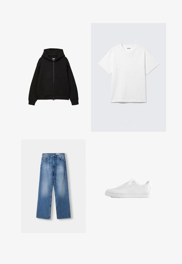 Sort zip-up hættetrøje med hætte, to frontlommer, ribstrikkede manchetter og kant. Fremstillet af blødt stof med et minimalistisk design og diskret logo-detalje.; Hvid kortærmet crewneck T-shirt lagt fladt ud, ensfarvet design, med "WEEKDAY" mærkat inde i kraven på en lys baggrund.; Lyseblå denim brede bukser med høj talje, der har fem lommer og en falmet vask, syet kant og metalknaplukning.; Hvid lavtop sneakers med snørebånd, glat læderoverdel og flad gummiå sole set fra siden på en hvid baggrund.