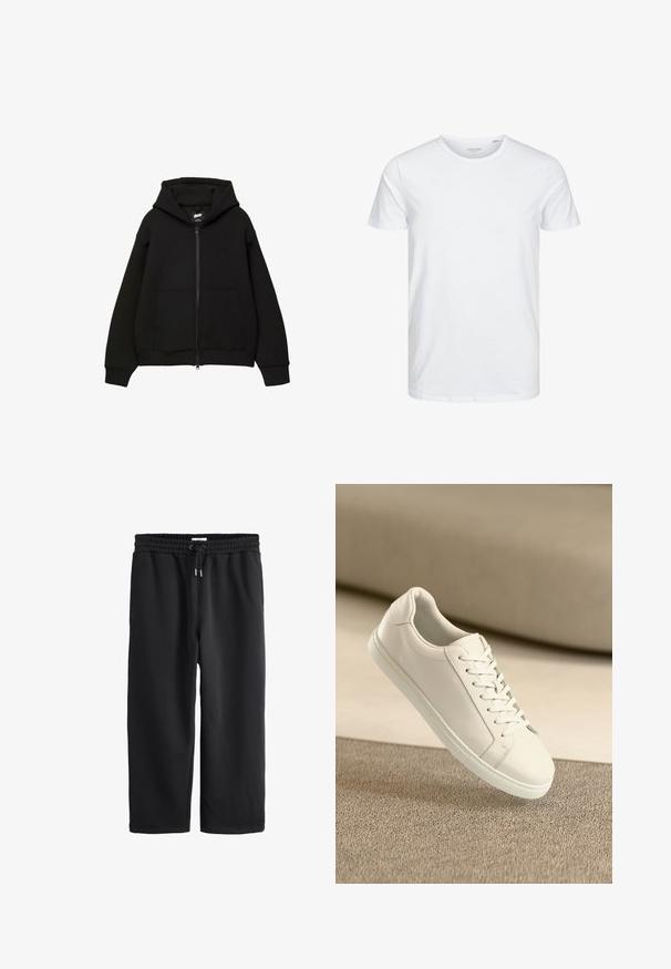 Sort zip-up hættetrøje med hætte, to frontlommer, ribstrikkede manchetter og kant. Fremstillet af blødt stof med et minimalistisk design og diskret logo-detalje.; Rundhals kortærmet t-shirt i ensfarvet hvid, lavet af blød bomuld, har et simpelt design uden synlige mønstre eller detaljer.; Sorte løstsiddende sweatpants med elastisk linning og snøre, lige ben og sidelommer.; Hvide lædersneakers med hvide snørebånd, præsenteret på en beige tekstureret overflade og med en blødt uskarp baggrund.