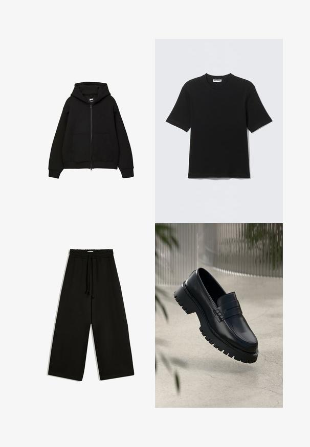Sort zip-up hættetrøje med hætte, to frontlommer, ribstrikkede manchetter og kant. Fremstillet af blødt stof med et minimalistisk design og diskret logo-detalje.; Sort kortærmet T-shirt med rund hals og "WEEKDAY" mærke på indersiden af kraven, vist fladt på en lys baggrund.; Sorte vidde bukser med elastisk talje og snor, med løs pasform og sidelommer.; Sorte læder loafers med en chunky sål, der har en dekorativ rem og syninger. Glat tekstur med en poleret overflade.