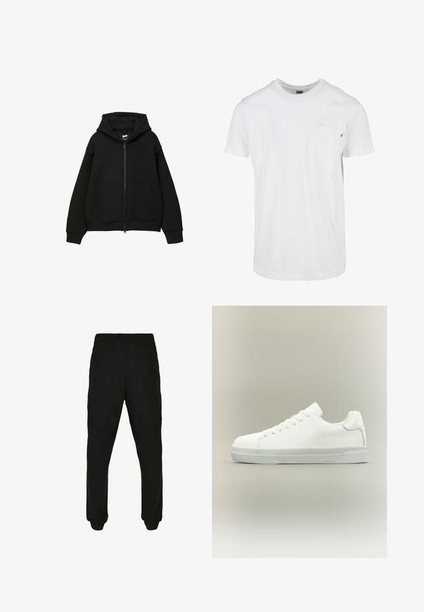 Sort zip-up hættetrøje med hætte, to frontlommer, ribstrikkede manchetter og kant. Fremstillet af blødt stof med et minimalistisk design og diskret logo-detalje.; Hvid kortærmet t-shirt i bomuld med rund halsudskæring, med en brystlomme og et lille grønt bladle logo nær lommen.; Sorte, elastiske bukser med sidelommer og elastiske manchetter. Glat stof med minimal struktur, skræddersyet til en afslappet pasform.; Hvid lavtop sneaker med snørelukning foran, polstret krave og tekstureret gummisål, vist i sidelayout på neutral baggrund.