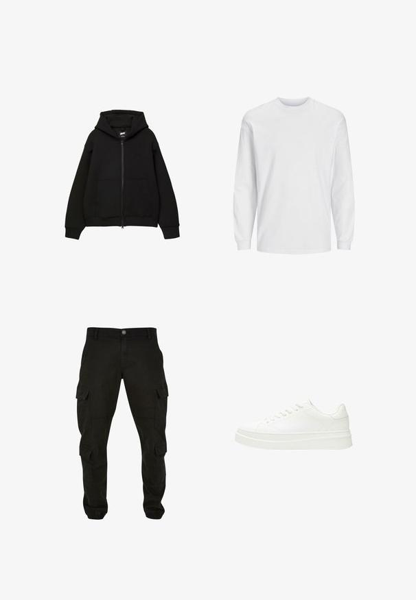 Sort zip-up hættetrøje med hætte, to frontlommer, ribstrikkede manchetter og kant. Fremstillet af blødt stof med et minimalistisk design og diskret logo-detalje.; Langærmet hvid t-shirt lavet af bomuld. Har rund hals og ensfarvet design uden mønstre eller accenter. Blød, glat tekstur.; Sorte cargo bukser lavet af bomuld, med flere sidelommer, lige ben design og elastiske manchetter ved anklerne.; Hvid sneaker med en glat læderoverdel, flade snørebånd og en tyk gummisål. Minimalistisk design med diskret syning og glatte detaljer.