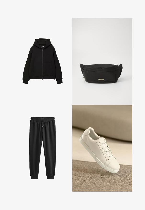 Sort zip-up hættetrøje med hætte, to frontlommer, ribstrikkede manchetter og kant. Fremstillet af blødt stof med et minimalistisk design og diskret logo-detalje.; Sorte sweatpants lavet af blødt stof, med en elastisk talje med snøre, tætsiddende ben og ribbede manchetter ved anklerne.; Hvide lædersneakers med hvide snørebånd, præsenteret på en beige tekstureret overflade og med en blødt uskarp baggrund.; Sort nylon talje taske med en glat tekstur, buet form og et frontzipperrum. Har en guld logo plade.
