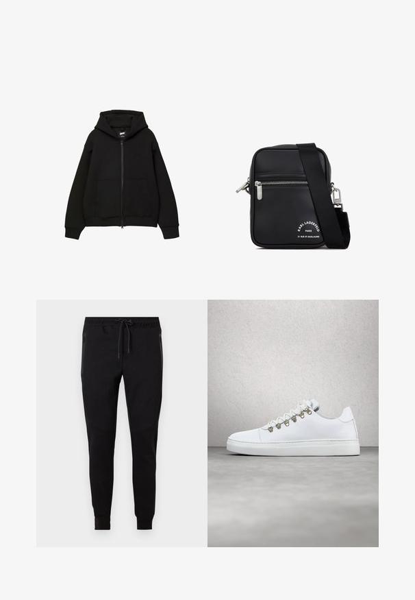Sort zip-up hættetrøje med hætte, to frontlommer, ribstrikkede manchetter og kant. Fremstillet af blødt stof med et minimalistisk design og diskret logo-detalje.; Sorte afsmalnede joggebukser med elastisk linning, snøre, lynlåslommer i siden og ribstrikkede manchetter ved anklerne.; Hvide læder sneakers med en glat tekstur, udstyret med guld metal øjer, flade hvide snørebånd og en tyk hvid sål. Minimalistisk design.; Sort læder crossbody taske med sølvhardware, en lynlåslomme, en tekstureret overflade og fremtrædende hvid branding på forsiden.