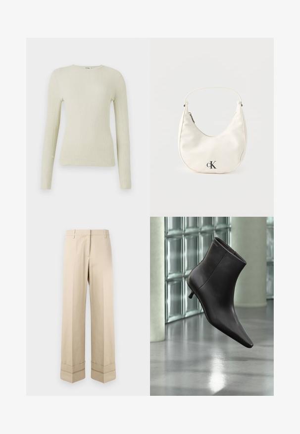Top de manga larga ajustado en tejido texturizado verde claro con cuello redondo. Superficie lisa con un sutil acanalado, sin hardware visible ni acentos.; Pantalones beige de corte recto, con un doble puño en el dobladillo y un diseño de frente plano. Fabricados en una tela suave y duradera.; Bota de cuero negro para el tobillo con puntera puntiaguda y tacón pequeño, exhibida frente a una pared de bloques de vidrio y un suelo pulido.; Pequeño bolso blanco en forma de media luna con correa corta, cierre de cremallera y logo negro "cK" en el frente.