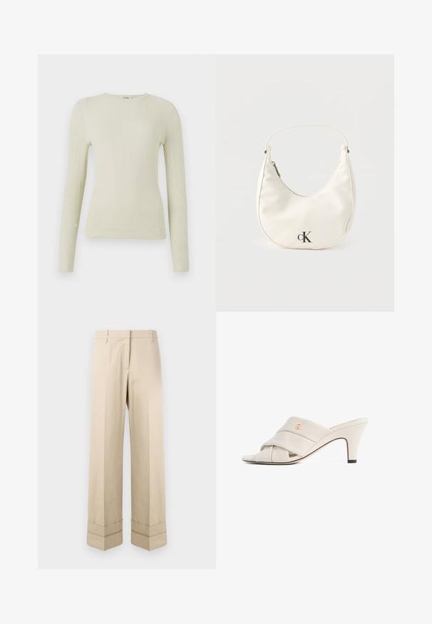 Top de manga larga ajustado en tejido texturizado verde claro con cuello redondo. Superficie lisa con un sutil acanalado, sin hardware visible ni acentos.; Pantalones beige de corte recto, con un doble puño en el dobladillo y un diseño de frente plano. Fabricados en una tela suave y duradera.; Mules de tacón alto beige con diseño de tira de cuero torcida, punta abierta y detalle de logotipo en relieve. El tacón tiene un detalle en punta negra.; Pequeño bolso blanco en forma de media luna con correa corta, cierre de cremallera y logo negro "cK" en el frente.