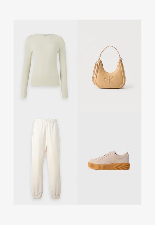 Top de manga larga ajustado en tejido texturizado verde claro con cuello redondo. Superficie lisa con un sutil acanalado, sin hardware visible ni acentos.; Pantalones de chándal color crema con cinturilla y puños elásticos, mostrados extendidos sobre un fondo claro.; Zapatilla baja beige con suela de goma marrón texturizada y gruesa, parte superior de ante, cierre de cordones en la parte delantera y logo dorado "SOREL" en el lateral.; Bolso de cuero color canela para el hombro con el logo "cK" en relieve, asa superior y correa desmontable sobre un fondo blanco liso.