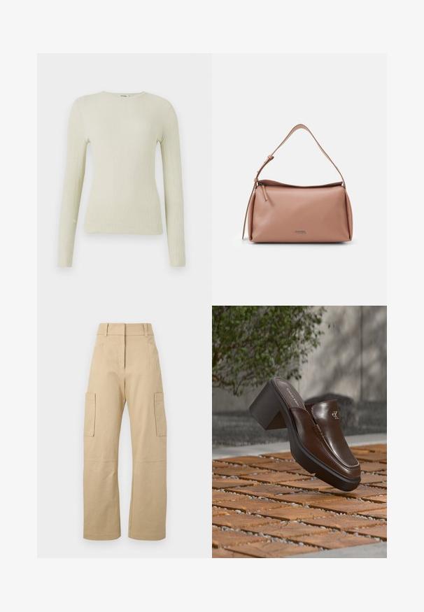 Top de manga larga ajustado en tejido texturizado verde claro con cuello redondo. Superficie lisa con un sutil acanalado, sin hardware visible ni acentos.; Pantalones cargo beige de algodón, con una cintura alta, perneras anchas, dos bolsillos laterales y dos grandes bolsillos cargo en los muslos.; Mule con tacón de cuero marrón Calvin Klein flotando sobre un suelo de baldosas de madera con un fondo borroso de planta verde y pared.; Calvin Klein GRACIE SHOULDER BAG - Bolso de mano - ash rose