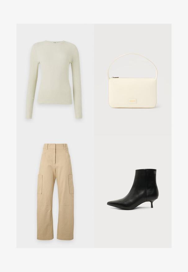 Top de manga larga ajustado en tejido texturizado verde claro con cuello redondo. Superficie lisa con un sutil acanalado, sin hardware visible ni acentos.; Pantalones cargo beige de algodón, con una cintura alta, perneras anchas, dos bolsillos laterales y dos grandes bolsillos cargo en los muslos.; Botín de piel negra con puntera puntiaguda y tacón bajo estilo kitten sobre fondo claro, mostrando vista lateral exterior.; Bolso rectangular color crema con una sola correa y cremallera superior, con una pequeña placa de logotipo en relieve en el frente.