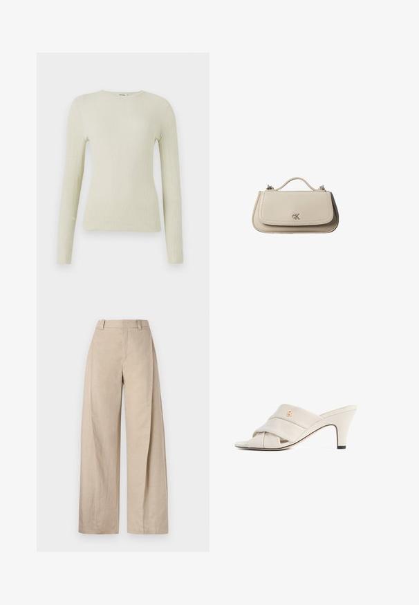 Haut ajusté à manches longues en tissu texturé vert clair avec un col rond. Surface lisse avec un léger relief, sans quincaillerie ni accents visibles.; Pantalons larges en lin beige à taille haute, avec une texture lisse et des lignes épurées, conçus pour un ajustement décontracté.; Mules à talons hauts beiges avec un design de bride en cuir torsadé, bout ouvert et motif de logo en relief. Le talon présente un détail d'embout noir.; Petit sac à main en cuir beige avec poignée supérieure et logo CK argenté sur le rabat avant, présenté sur fond blanc.