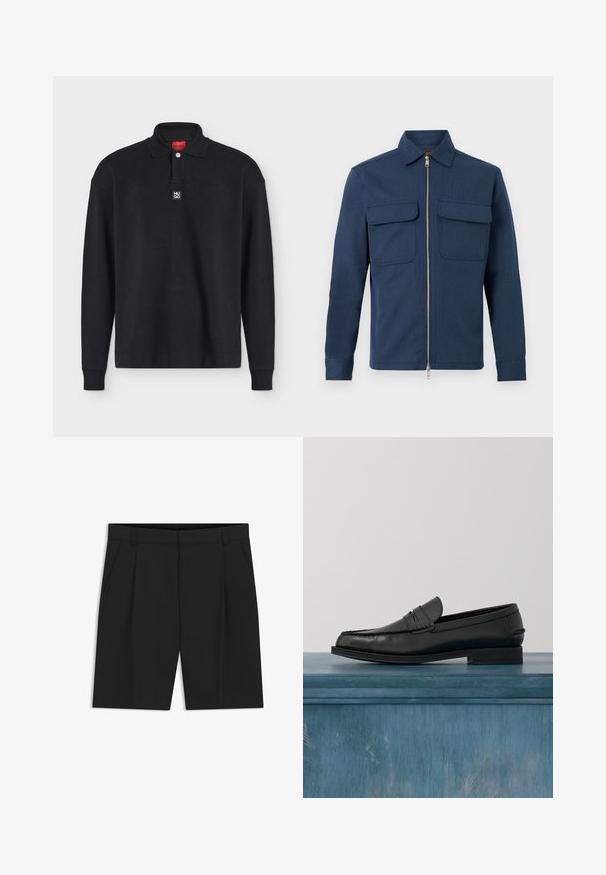 Polo noir à manches longues avec col, un seul bouton et petit patch logo Hugo sur la poitrine sous l'encolure.; Veste bleu marine texturée avec une fermeture éclair à l'avant, deux poches poitrine à rabat, manches longues et col classique sur fond blanc.; Shorts noirs sur mesure longueur genou avec passants de ceinture, poches latérales et détail de pli devant sur fond blanc.; Mocassins noirs en cuir avec un design élégant, comportant un bout cousu et une finition lisse. La chaussure possède un talon bas et un minimum de détails.