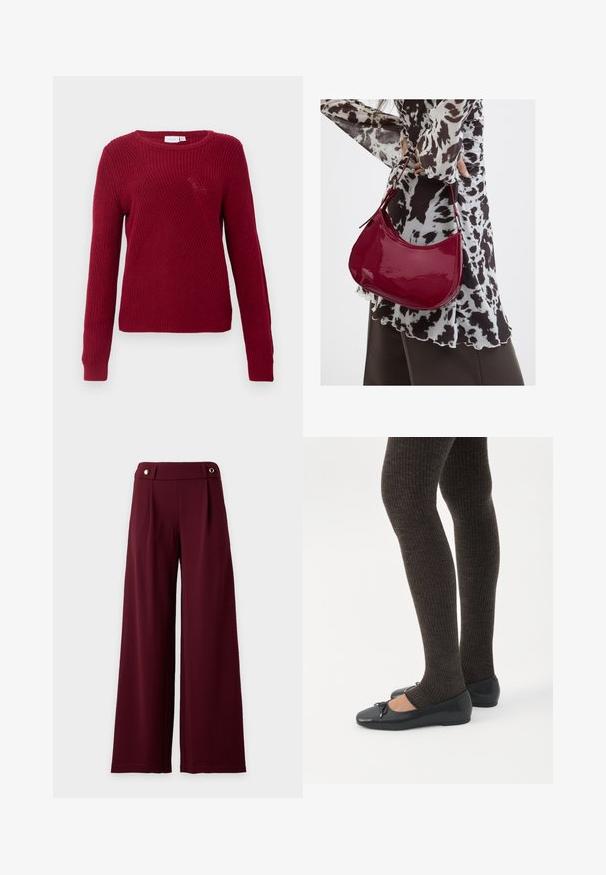 Pull en laine rouge tricoté, à manches longues, col rond et motifs diagonaux texturés. Détails avec des poignets et un ourlet côtelés.; Pantalon à jambes larges et taille haute en tissu bordeaux foncé avec une ceinture ajustée ornée de deux boutons dorés.; Jambes portant des leggings côtelés foncés associés à des ballerines noires avec de petits détails en nœud sur fond blanc.; Femme portant un chemisier à motif noir et blanc tenant un sac à main rouge brillant sur un fond uni.