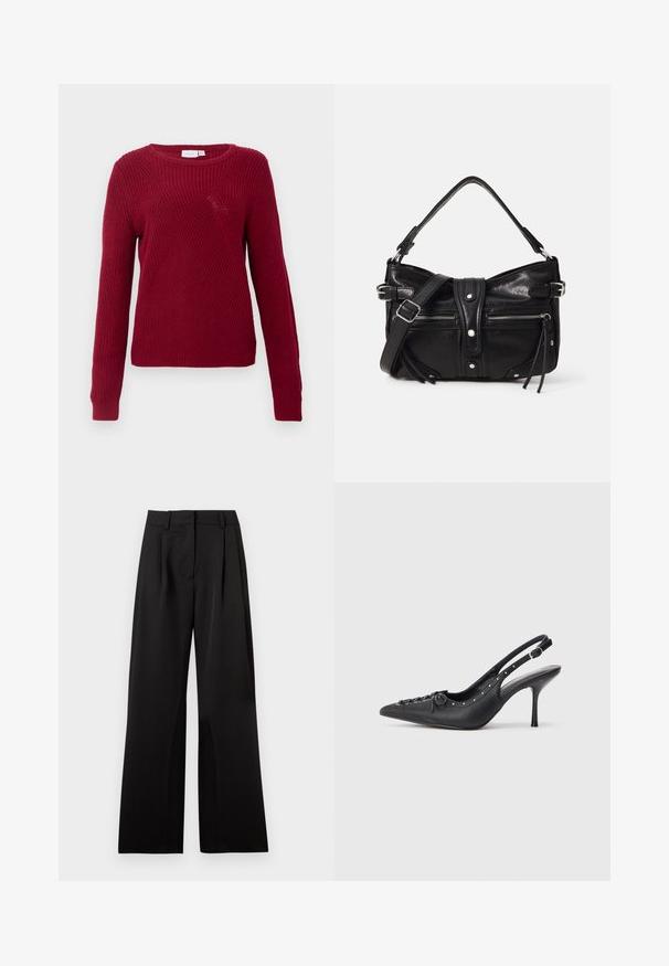 Pull en laine rouge tricoté, à manches longues, col rond et motifs diagonaux texturés. Détails avec des poignets et un ourlet côtelés.; Pantalon large noir avec une texture lisse, comportant des plis avant, une taille plate et des passants de ceinture. Design simple et tailleur.; Escarpin en cuir noir à talon aiguille avec un bout pointu, une bride latérale à boucle, des clous le long du bord et un laçage décoratif à l'avant.; Even&Odd by Zalando H24462 - Sac à main - black