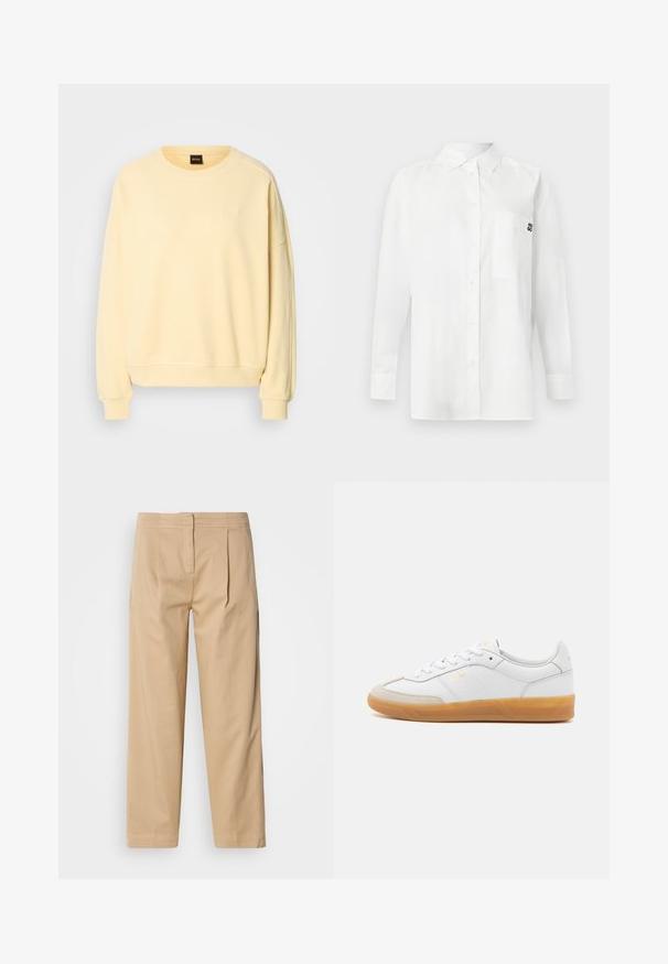 Gul sweatshirt med rund hals og lange ærmer. Har en blød tekstur og et lille logo på brystet. Ribbet manchetter og kant.; Hvid langærmet skjorte lavet af bomuldsblandingsstof, med en button-down krave, brystlomme og et lille sort logo på brystet.; Beige bomuldsbukser med en afslappet pasform, der har to frontfolder, en lige ben-konstruktion og en klassisk knaplukning i taljen.; Hvide lædersneakers med beige ruskindsdetaljer, gummisål og snøredesign. Har diskret branding i guld.