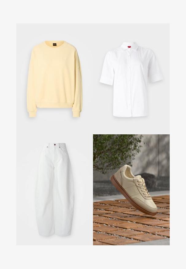 Gelbes Sweatshirt mit Rundhalsausschnitt und langen Ärmeln. Besitzt eine weiche Textur und ein kleines Logo auf der Brust. Rippbündchen und Saum.; Weißes Kurzarmhemd mit Knopfleiste und klassischem Kragen, aus glattem Stoff gefertigt. Mit einem gestickten Logo auf der linken Brustseite.; Hochtaillierte weiße Denim-Hose mit lockerer Passform. Einfacher Knopfverschluss, seitliche Taschen und minimalistisches Design. Glatte Textur.; Beiger Ledersneaker mit brauner Sohle, der über einer gefliesten Außenterrasse mit verstreuten kleinen Steinen und grünem Laub im Hintergrund schwebt.