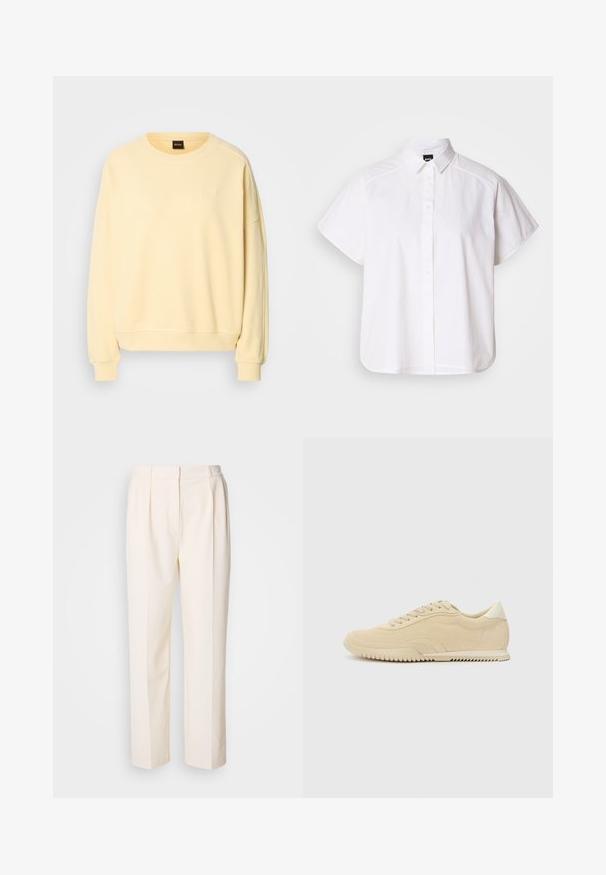 Geel sweatshirt met een ronde hals en lange mouwen. Heeft een zachte textuur en een klein logo op de borst. Ribbelmanchetten en -zoom.; Witte kortemouw overhemd met knopen, voorzien van een puntige kraag en een gebogen zoom. Gemaakt van katoen met een gladde textuur en zonder zichtbare patronen.; Lacoste Broek - lapland; Beige nubuck sneaker met vetersluiting, gestructureerde bovenkant, contrasterende rubberen zool en een lichte hak. Minimalistische stijl met subtiele branding.