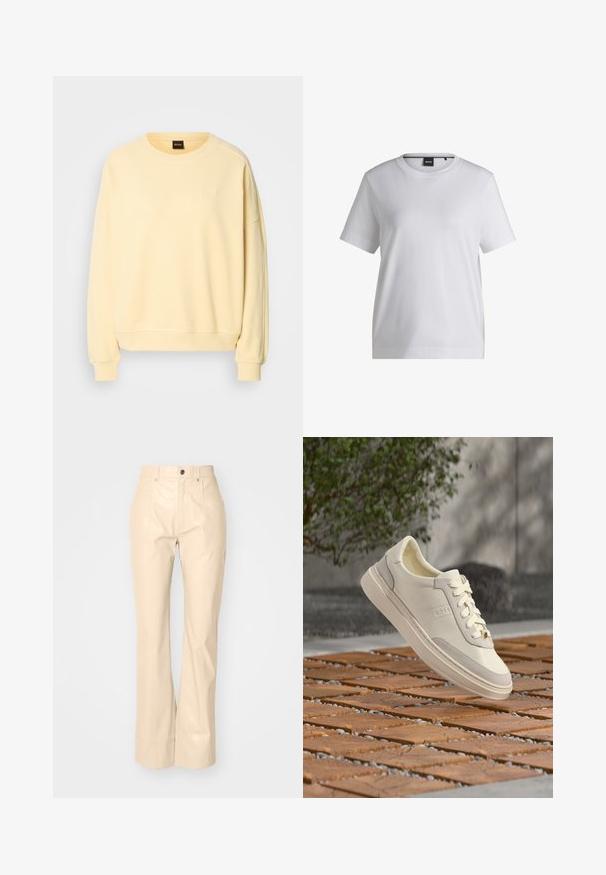 Gul sweatshirt med rund hals og lange ærmer. Har en blød tekstur og et lille logo på brystet. Ribbet manchetter og kant.; Hvid bomulds t-shirt med rund halsudskæring, korte ærmer og en afslappet pasform. Har et lille mærke nær kraven.; Beige faux læder fløjsbukser med en glat overflade, der har frontlommer, knaplukning og en subtil shiny finish.; Hvid BOSS-sneaker med snørebånd, der svæver over et mønstret træ- og småstenbund, grøn busk og grå væg i baggrunden.