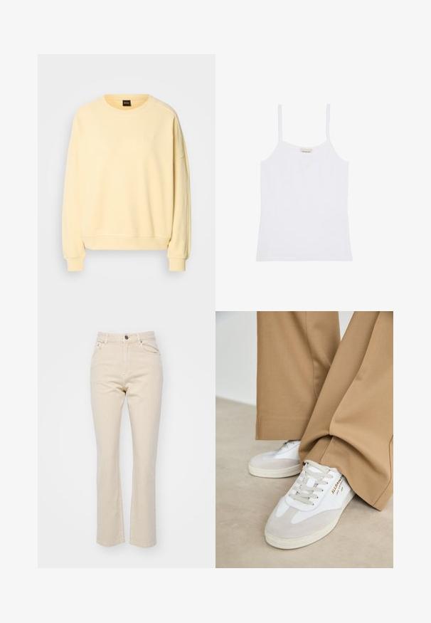 Geel sweatshirt met een ronde hals en lange mouwen. Heeft een zachte textuur en een klein logo op de borst. Ribbelmanchetten en -zoom.; Witte Calvin Klein damestanktop met dunne schouderbandjes en een simpel, aansluitend ontwerp.; Beige rechte jeans gemaakt van denim, met een sluiting met knoop aan de voorkant, twee voorzakken en een gladde textuur.; Witte sneakers met suède accenten, gestructureerde veters en een rubberen zool. Gecombineerd met losse beige broek. Logo zichtbaar aan de zijkant.