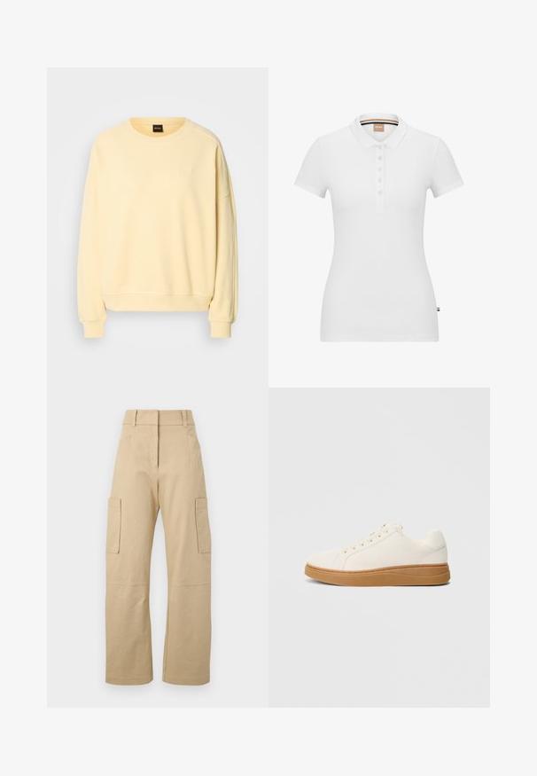Gelbes Sweatshirt mit Rundhalsausschnitt und langen Ärmeln. Besitzt eine weiche Textur und ein kleines Logo auf der Brust. Rippbündchen und Saum.; Weißes Poloshirt aus Baumwolle, mit kurzen Ärmeln, einem Kragen und einer Knopfleiste. Dezentes Markenlogo auf der Brust gestickt.; Beige Cargo-Shorts aus Baumwolle, mit hoher Taille, weitem Bein, zwei Seitentaschen und zwei großen Cargo-Taschen auf den Oberschenkeln.; Weiße Leinensneaker mit einer Gummisohle in Kaugummi-Optik. Abgerundete Spitze, Schnürverschluss und gestickte Akzente entlang der Sohle für zusätzliche Details.