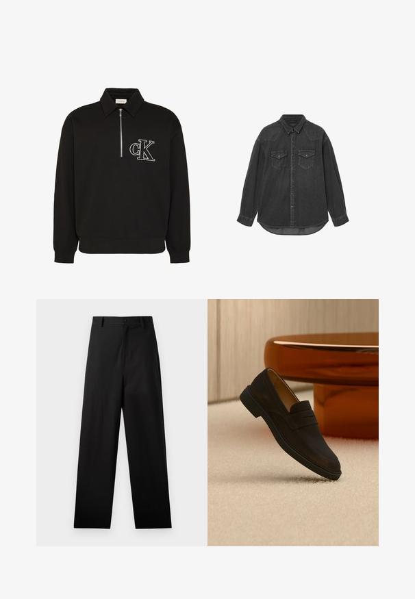 Must pikkade varrukatega pullover kraega, ees poolik tõmblukk ja valge brodeeritud "cK" logo vasakul rinnal.; Mustmustest musta särk pika varrukaga, terava krae ja kahe rinnataskuga. Omab nupuvajutusega esist ja kumerat alaosa.; Mustriga mustad puuvillased püksid sirge jala disainiga, ees nupuga kinnitamine ja küljetaskud. Sile tekstuur, mustriteta.; Tumepruun seemisnahast loafer-king musta tallaga, hõljumas beeži vaiba kohal, taustal pehme puidust paneelidega ruumis oranž klaasist laud.