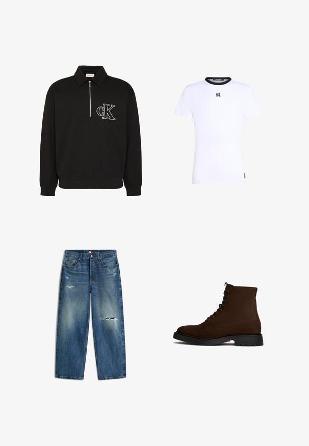 Sort langærmet pullover med krave, halvlukning foran med lynlås og hvidt broderet "cK" logo på venstre bryst.; Hvid t-shirt med korte ærmer, sort ribkrave og sort "KL" logo på brystet. Glat stof og standard pasform.; Blå løstsiddende denimjeans med slidte pletter på låret, forreste knap og fem-lomme design.; Brune ruskinds støvler til anklen med sorte snørebånd, rund tå og robust gummisål. Har en glat overflade og diskrete syninger.