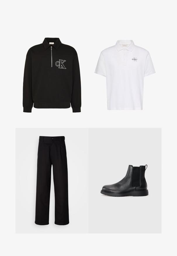 Sort langærmet pullover med krave, halvlukning foran med lynlås og hvidt broderet "cK" logo på venstre bryst.; Hvid polo-shirt med korte ærmer, krave, tre-knaps åbning og lille gråt Calvin Klein-logo på venstre bryst.; Sorte bukser lavet af glat stof, med lige ben, frontfolder og en enkelt knaplukning i taljen.; Sorte læder chelsea støvler med tekstureret finish, elastiske sidepaneler og en robust gummisål. Subtil branding på hælen.