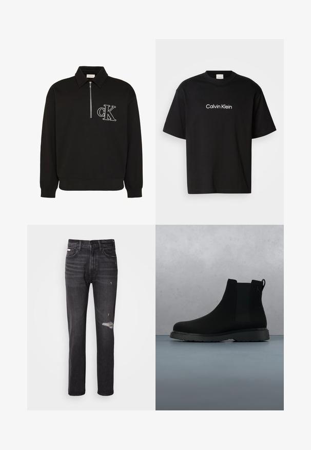 Must pikkade varrukatega pullover kraega, ees poolik tõmblukk ja valge brodeeritud "cK" logo vasakul rinnal.; Must musta T-särk lühikeste varrukatega, mille ees on valge "Calvin Klein" logo ja klassikaline ümmargune kaelus.; Mustad denim püksid sirge säärega disainiga, kulunud detailidega põlve kohal, viie taskuga stiil ja pehme tuhm viimistlus.; Mustad mustankott, mis on valmistatud siledast materjalist, peente õmblustega, kummitald ja stiilne disain, asetatud puidustruktuuriga pinna kohale.