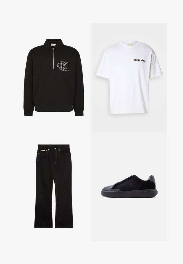 Must pikkade varrukatega pullover kraega, ees poolik tõmblukk ja valge brodeeritud "cK" logo vasakul rinnal.; Valge puuvillane T-särk lühikeste varrukatega, millel on must „Calvin Klein“ tekstilogo ja ruudukujuline silt kaela lähedal. Lihtne disain.; Mustad sirgelõikelised teksad oranži õmblusega, viis taskut, nööpkinnitus ja väike Calvin Kleini silt ees paremal taskul.; Must madal tennisking paksu tallaga, paeltega ees ja peene "cK" logoga külgtahvlil.