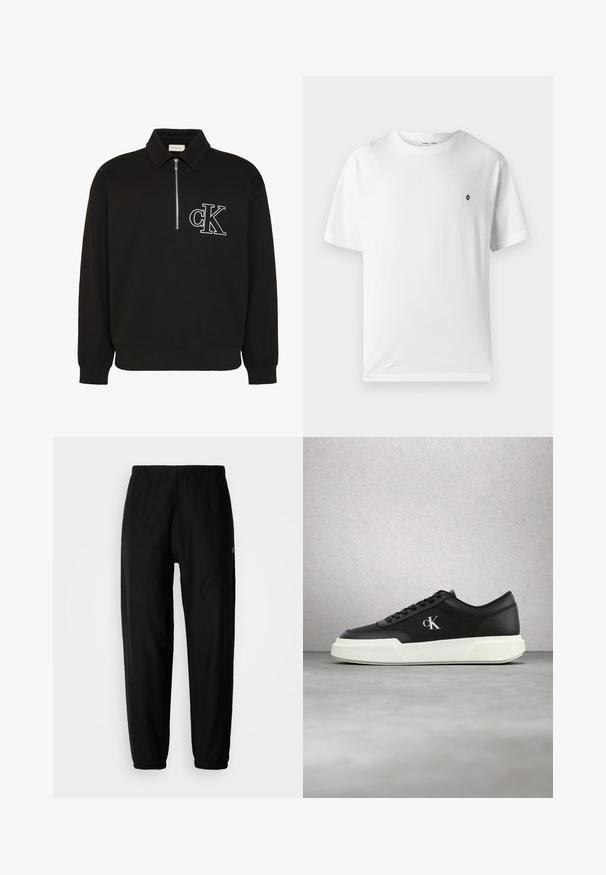 Schwarzer Langarm-Pullover mit Kragen, halbem Frontreißverschluss und weiß besticktem "cK" Logo auf der linken Brust.; Weißes Baumwoll-T-Shirt mit rundem Halsausschnitt, kurzen Ärmeln und einem kleinen schwarzen Logo auf der Brust. Weicher Stoff, lässige Passform.; Schwarze Jogginghosen mit elastischem Bund, schmal zulaufenden Beinen und Bündchen. Glatte Stoffoberfläche. Logodetail an der Seite.; Schwarzer Ledersneaker mit weißer Sohle und "cK" Logo, schwebend vor einer Wand aus Glasklötzen und einem Betonboden.